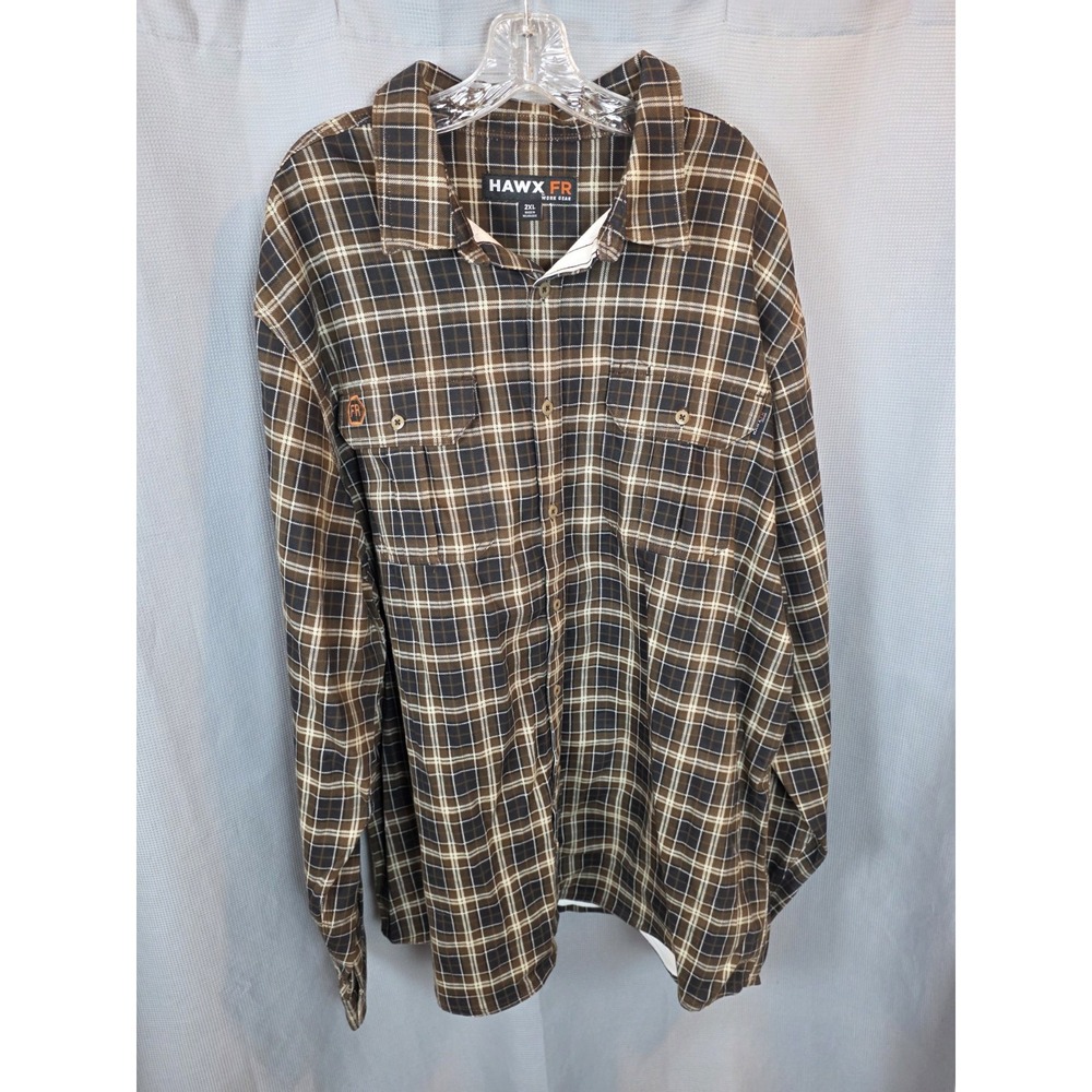 Hawx Shirt Mens 2XL XXL Brown Plaid FR Work Flame Resistant Work Utility